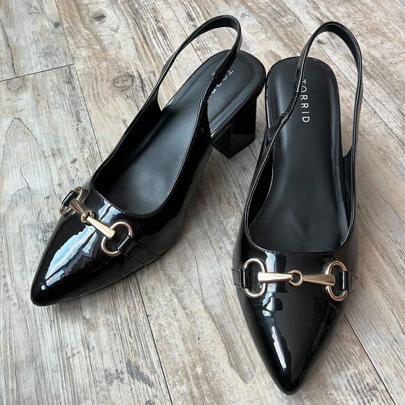 Torrid Slingback Heels Women's 11 Wide Black Patent Leather Gold Hardware - Picture 2 of 8